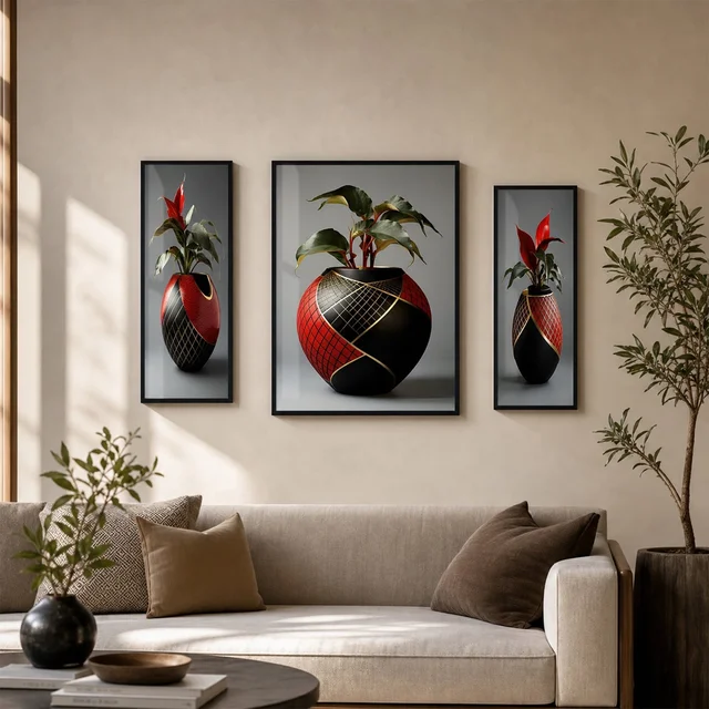 Flower Vase Wall Art – Vibrant Floral 3-Panel MDF Frame