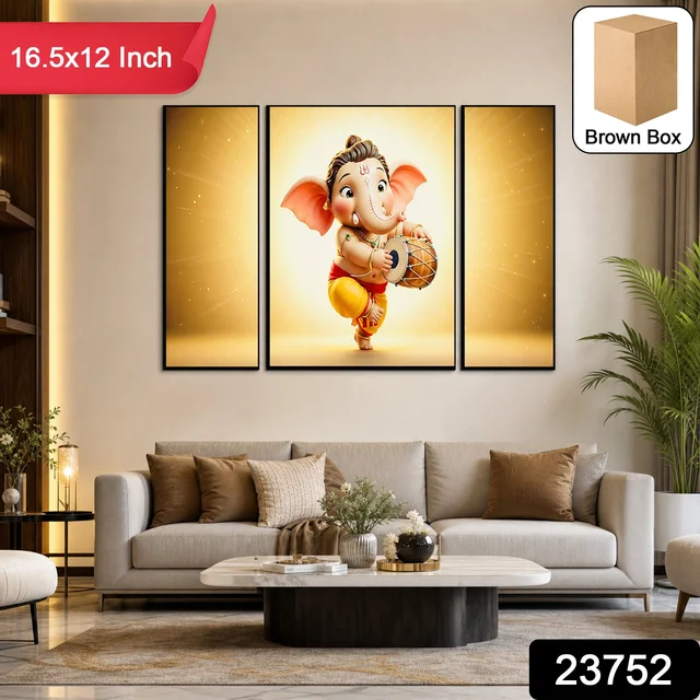 Ganesha Religious Wall Art – Vibrant 3 Panel MDF Frame