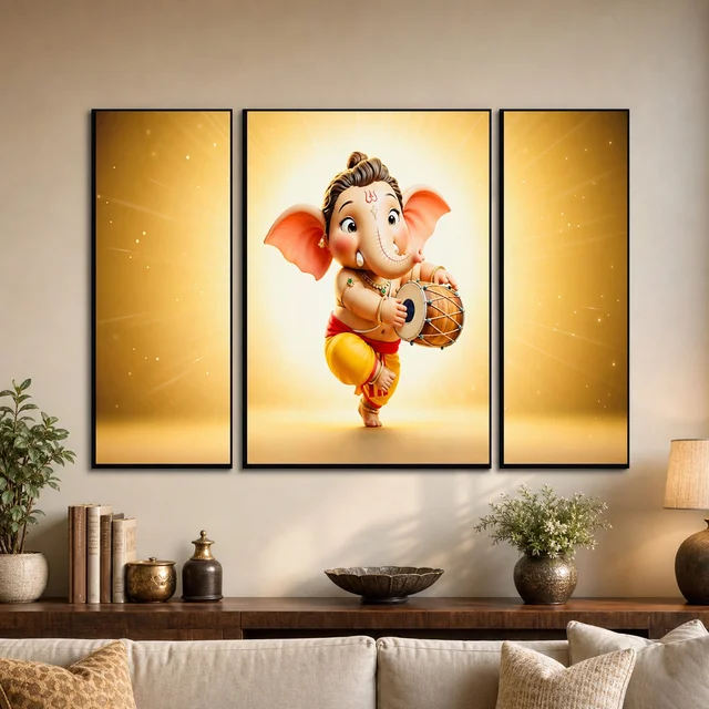 Ganesha Religious Wall Art – Vibrant 3 Panel MDF Frame