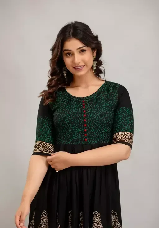Women Rayon Printed Akshara Anarkali Kurtis Mo - M