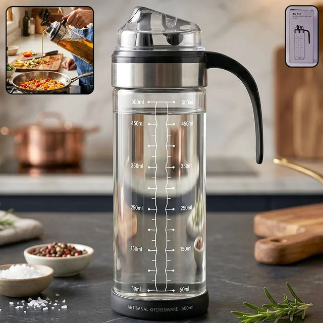 Glass Oil Dispenser Bottle – Leak-Proof, Auto Flip Lid & Handle