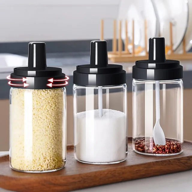 Glass Spice Jar – Attached Spoon & Leakproof Lid | Tidy Table