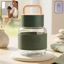 Glass Water Bottle – Stylish, Portable with Handle & Leather Sleeve