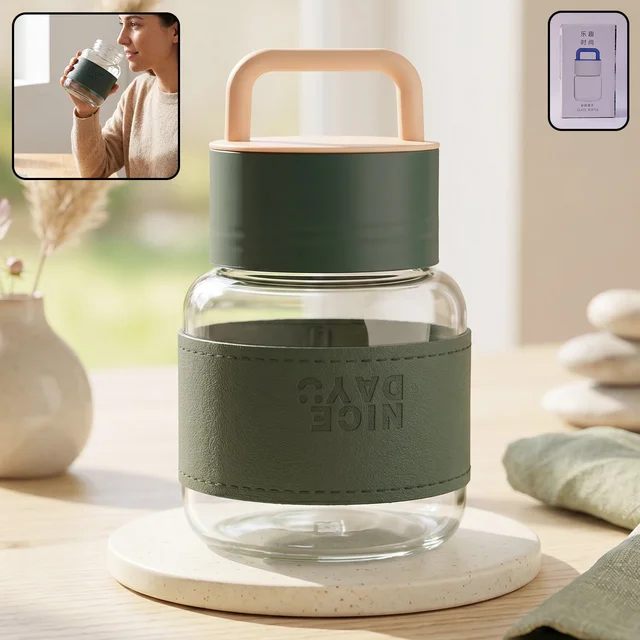 Glass Water Bottle – Stylish, Portable with Handle & Leather Sleeve