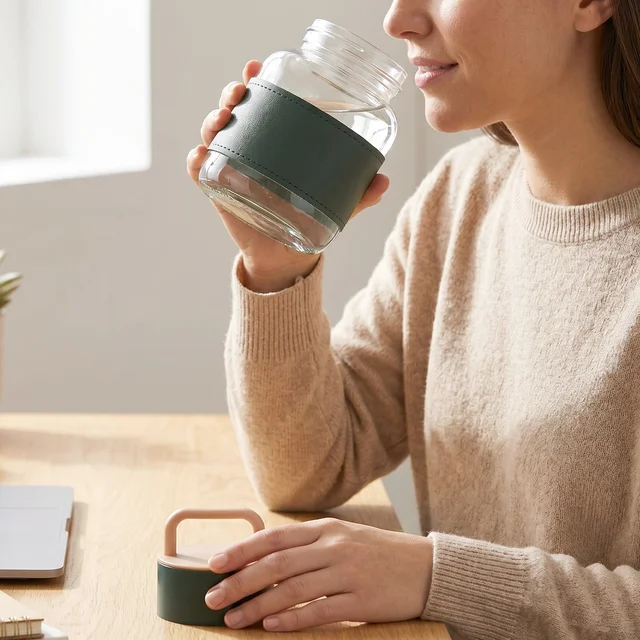 Glass Water Bottle – Stylish, Portable with Handle & Leather Sleeve