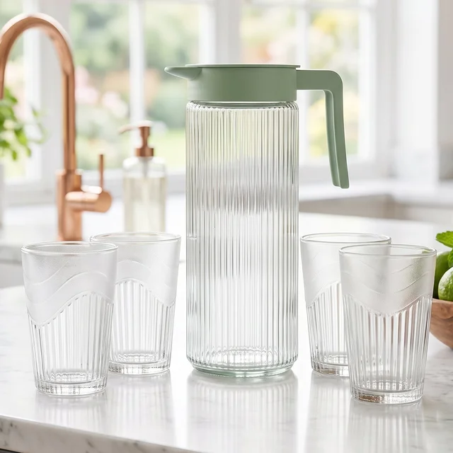 Glass Water Jug with Lid and 4 Glasses Set Ribbed Pitcher Carafe (1 Set)