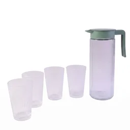 Glass Water Jug with Lid and 4 Glasses Set Ribbed Pitcher Carafe (1 Set)