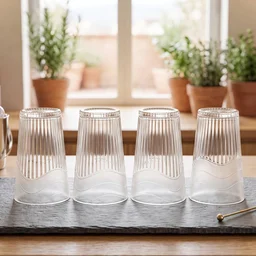 Glass Water Jug with Lid and 4 Glasses Set Ribbed Pitcher Carafe (1 Set)