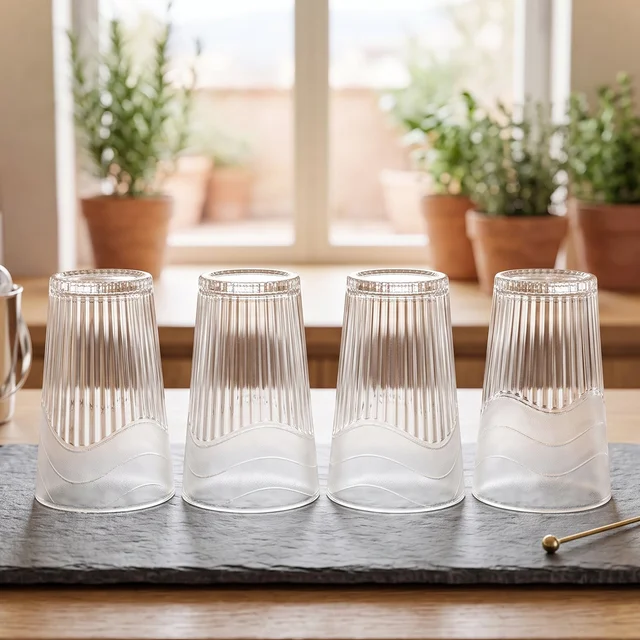 Glass Water Jug with Lid and 4 Glasses Set Ribbed Pitcher Carafe (1 Set)