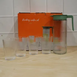Glass Water Jug with Lid and 4 Glasses Set Ribbed Pitcher Carafe (1 Set)