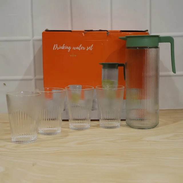 Glass Water Jug with Lid and 4 Glasses Set Ribbed Pitcher Carafe (1 Set)