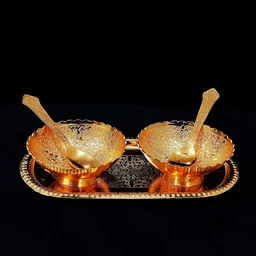 Gold Silver Plated Tray Set – Brass with Bowls & Spoons | Lunchie Bunchie