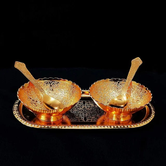 Gold Silver Plated Tray Set – Brass with Bowls & Spoons | Lunchie Bunchie