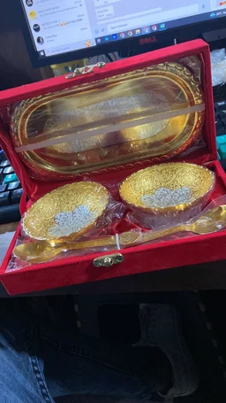 Gold Silver Plated Tray Set – Brass with Bowls & Spoons | Lunchie Bunchie