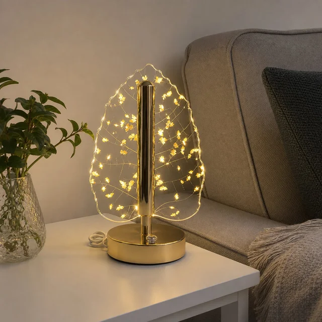 Golden Crystal Leaf LED Table Lamp – USB Charging & Warm Light