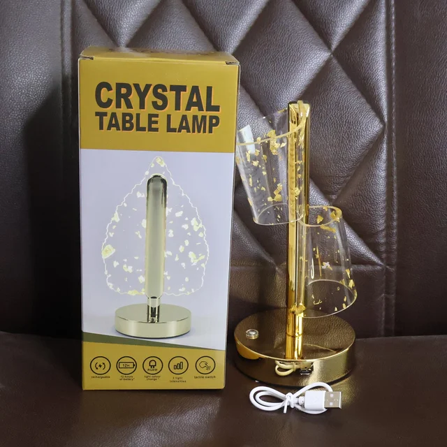 Golden Crystal LED Double Shade Table Lamp – Elegant USB Charging Light