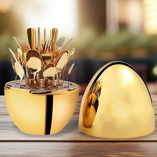 Golden Cutlery Set – 24-Pc with Oval Stand | Serve Stellar