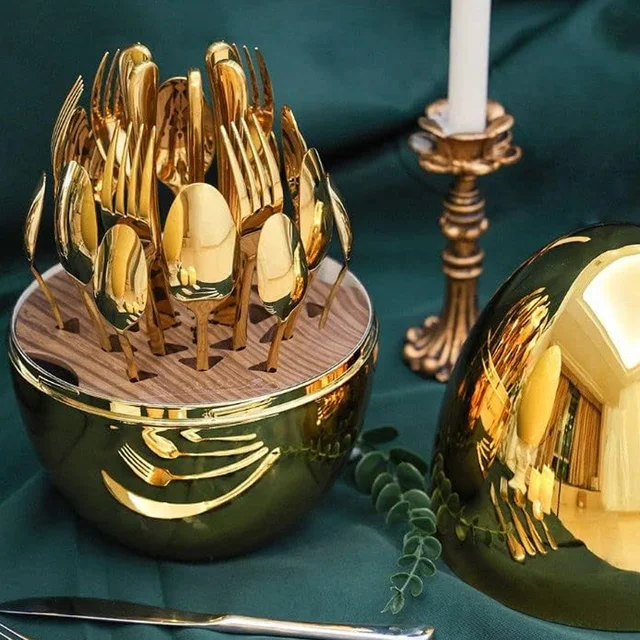 Golden Cutlery Set – 24-Pc with Oval Stand | Serve Stellar