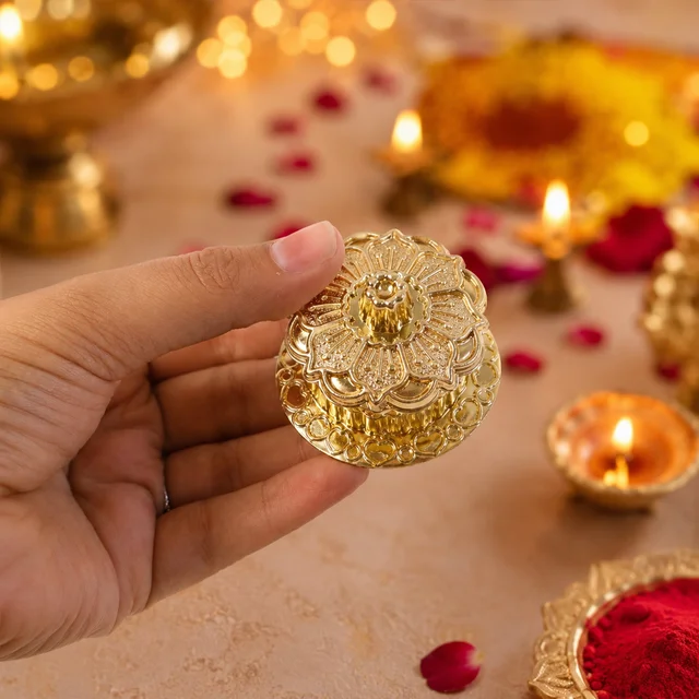 Golden Pooja Kankavati – Elegant Religious Storage Container