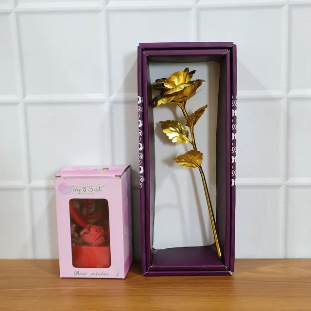 Heart Love Decorative Showpiece – Elegant Golden Rose Gift Set