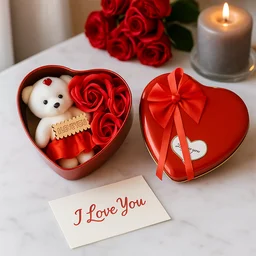 Heart Shape Valentine’s Gift Box with Teddy Bear & Rose | GiftEternal