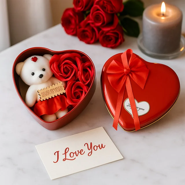 Heart Shape Valentine’s Gift Box with Teddy Bear & Rose | GiftEternal