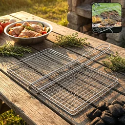 Heavy-Duty Stainless Steel BBQ Grill Basket – Long Handle & Durable Construction