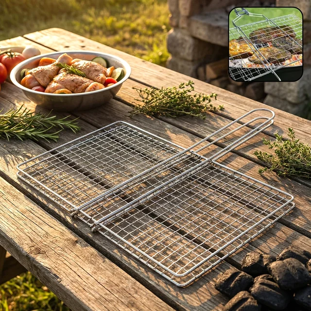 Heavy-Duty Stainless Steel BBQ Grill Basket – Long Handle & Durable Construction