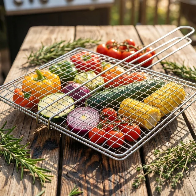 Heavy-Duty Stainless Steel BBQ Grill Basket – Long Handle & Durable Construction
