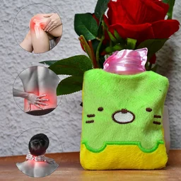Hot Water Bag for Pain Relief – Green Kitty with Soft Cover | Velvet Wellness