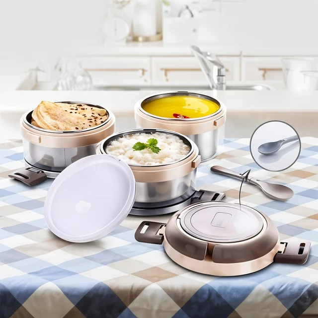 Insulated Stainless Steel Lunch Box Set – Leakproof 3-Tier Tiffin
