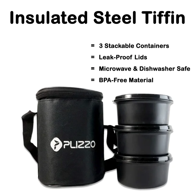Insulated Stainless Steel Tiffin Lunch Box – 3 Containers with Carry Bag