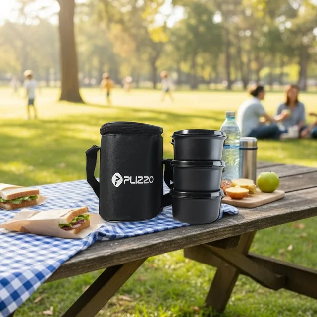 Insulated Stainless Steel Tiffin Lunch Box – 3 Containers with Carry Bag