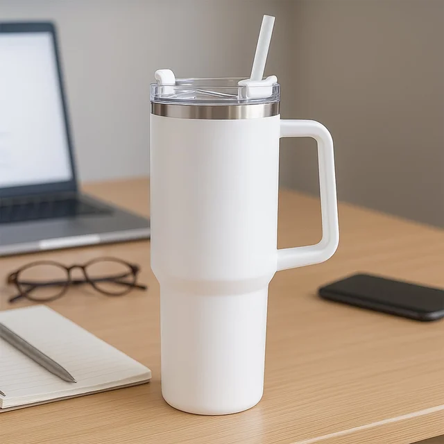 Insulated Stainless Steel Travel Tumbler – 890 ML White with Handle