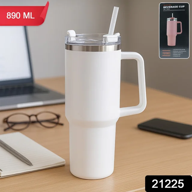 Insulated Stainless Steel Travel Tumbler – 890 ML White with Handle
