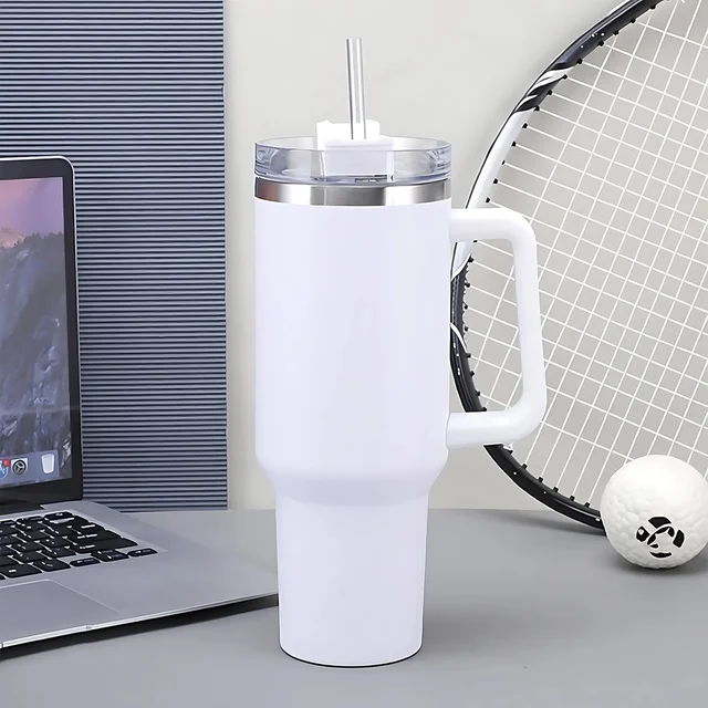 Insulated Stainless Steel Travel Tumbler – 890 ML White with Handle