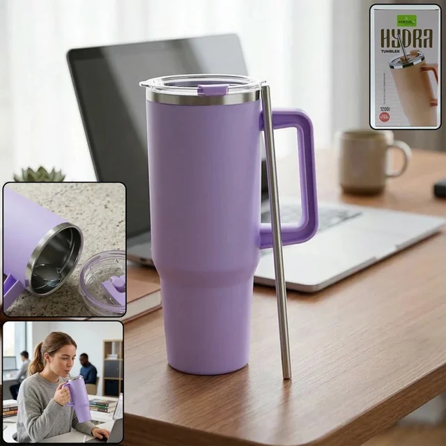 Insulated Tumbler Mug – Large 1200ML Capacity with Handle & Straw