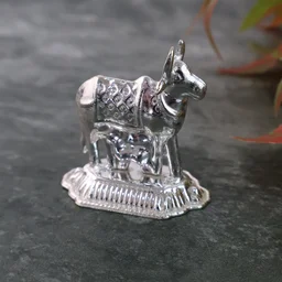 Kamdhenu Cow & Tulsi Plant Silver-Plated Pair – Divine Pooja Décor