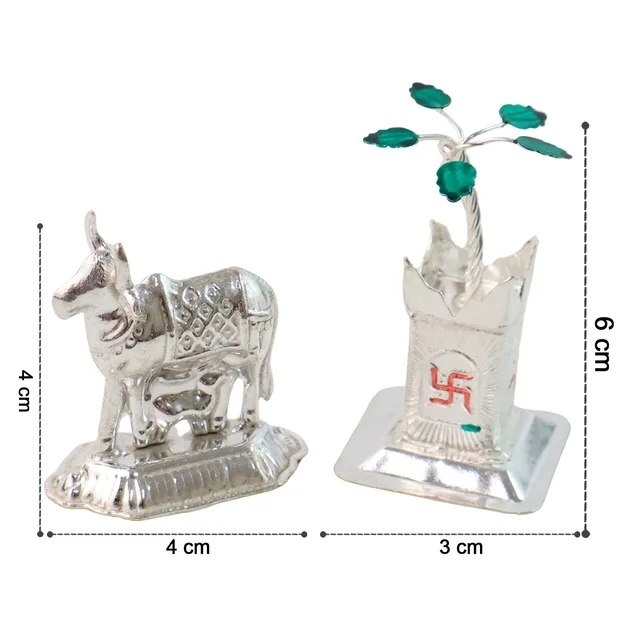 Kamdhenu Cow & Tulsi Plant Silver-Plated Pair – Divine Pooja Décor