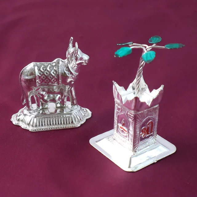 Kamdhenu Cow & Tulsi Plant Silver-Plated Pair – Divine Pooja Décor