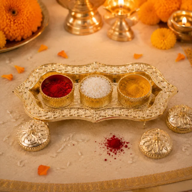 Kankavati – Elegant 3-Compartment Puja Holder for Sacred Rituals
