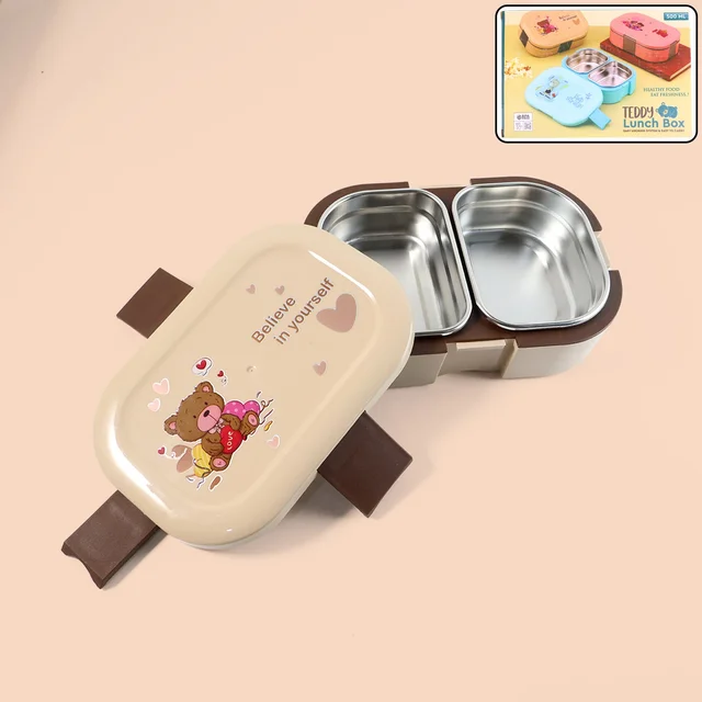 Kids Lunch Box – Cute Teddy Printed 500 ML with Stainless Steel Containers