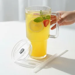 Kids Tumbler 900ml with Handle Lid and Straw Ribbed Water Sipper Cu...