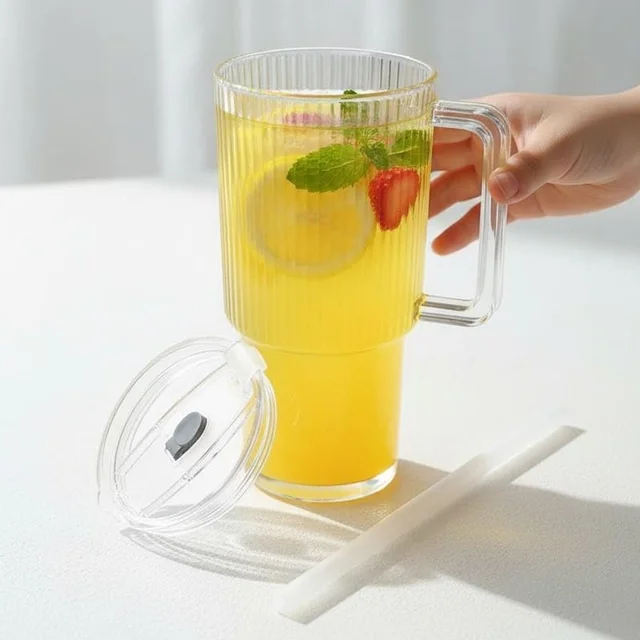 Kids Tumbler 900ml with Handle Lid and Straw Ribbed Water Sipper Cu...