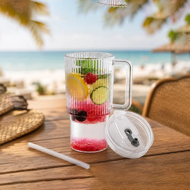 Kids Tumbler 900ml with Handle Lid and Straw Ribbed Water Sipper Cu...