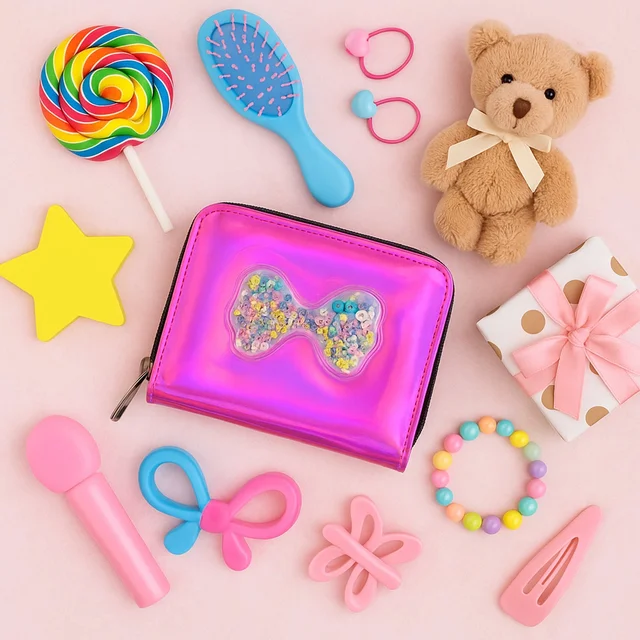 Kids Wallet – Vibrant Holographic Zip Closure with Glitter Bow