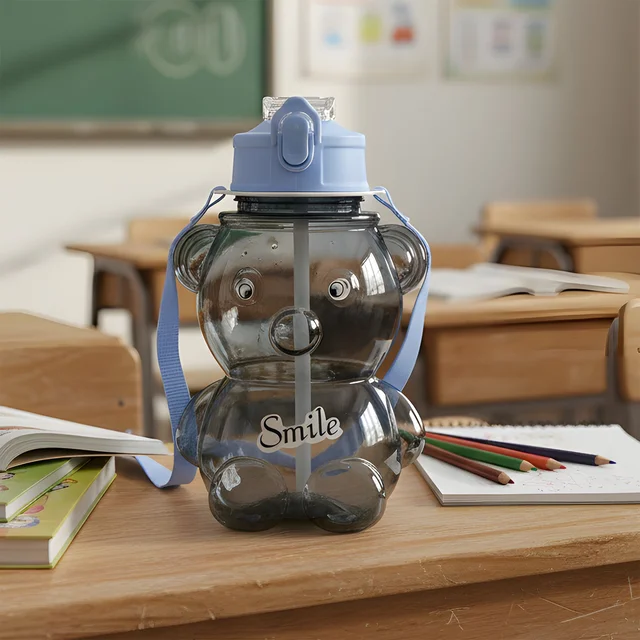 Kids Water Bottle – Cartoon Bear Shape with Straw & Strap