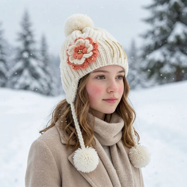 Kids Winter Woolen Ear Flap Cap – Soft & Warm with Pom Pom