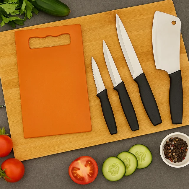 Kitchen Knife Set with Plastic Chopping Board – Pack of 5
