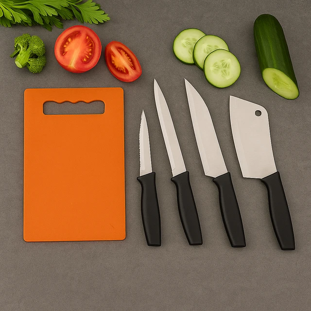 Kitchen Knife Set with Plastic Chopping Board – Pack of 5